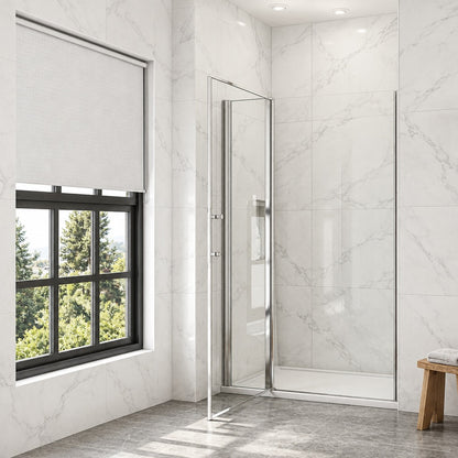 Porte de douche pivotante avec élément fixe – en situation dans une salle de bain