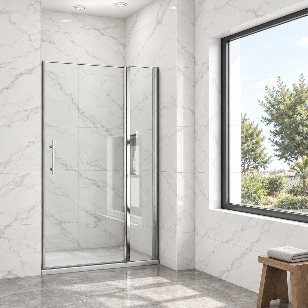 Porte de douche pivotante avec élément fixe – en situation dans une salle de bain