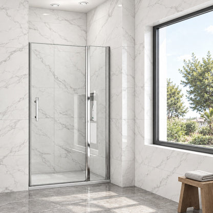 Porte de douche pivotante avec élément fixe – en situation dans une salle de bain