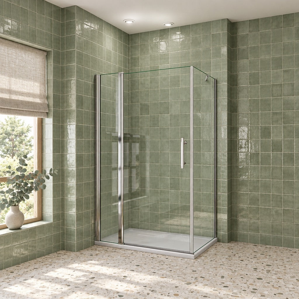 Cabine de douche pivotante accès d'angle – en situation dans une salle de bain