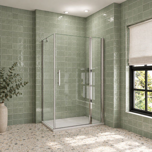 Cabine de douche pivotante accès d'angle – en situation dans une salle de bain