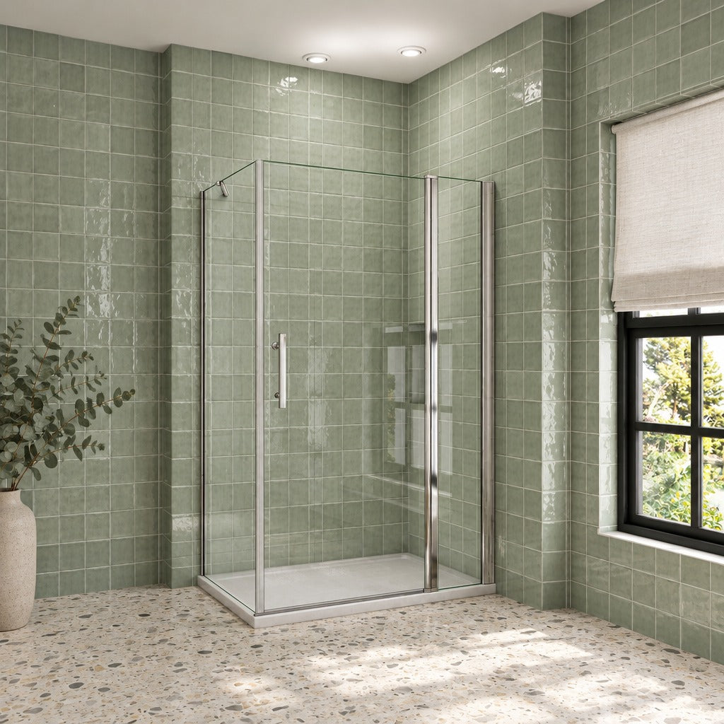 Cabine de douche pivotante accès d'angle – en situation dans une salle de bain