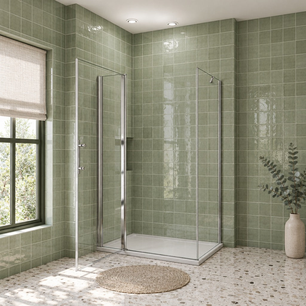 Cabine de douche pivotante accès d'angle – en situation dans une salle de bain