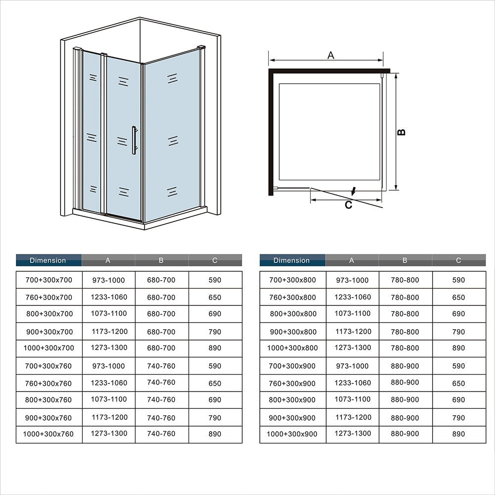 Cabine de douche pivotante accès d'angle – schéma et dimensions