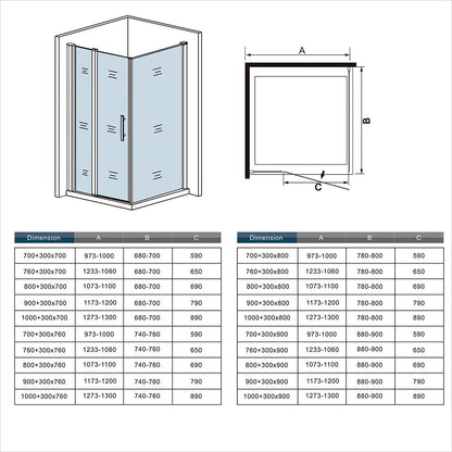 Cabine de douche pivotante accès d'angle – schéma et dimensions