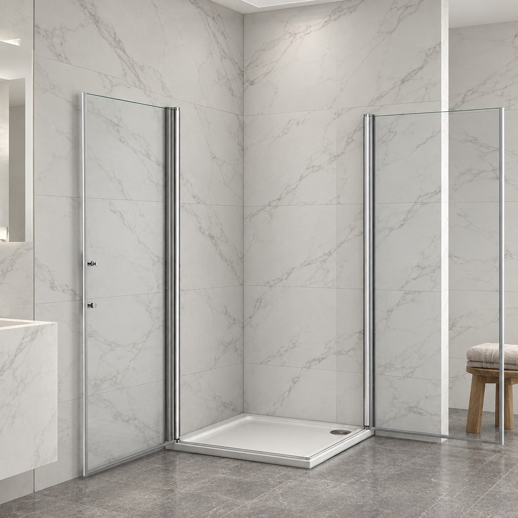 Cabine de douche à 2 portes pivotantes accès d'angle – en situation dans une salle de bain