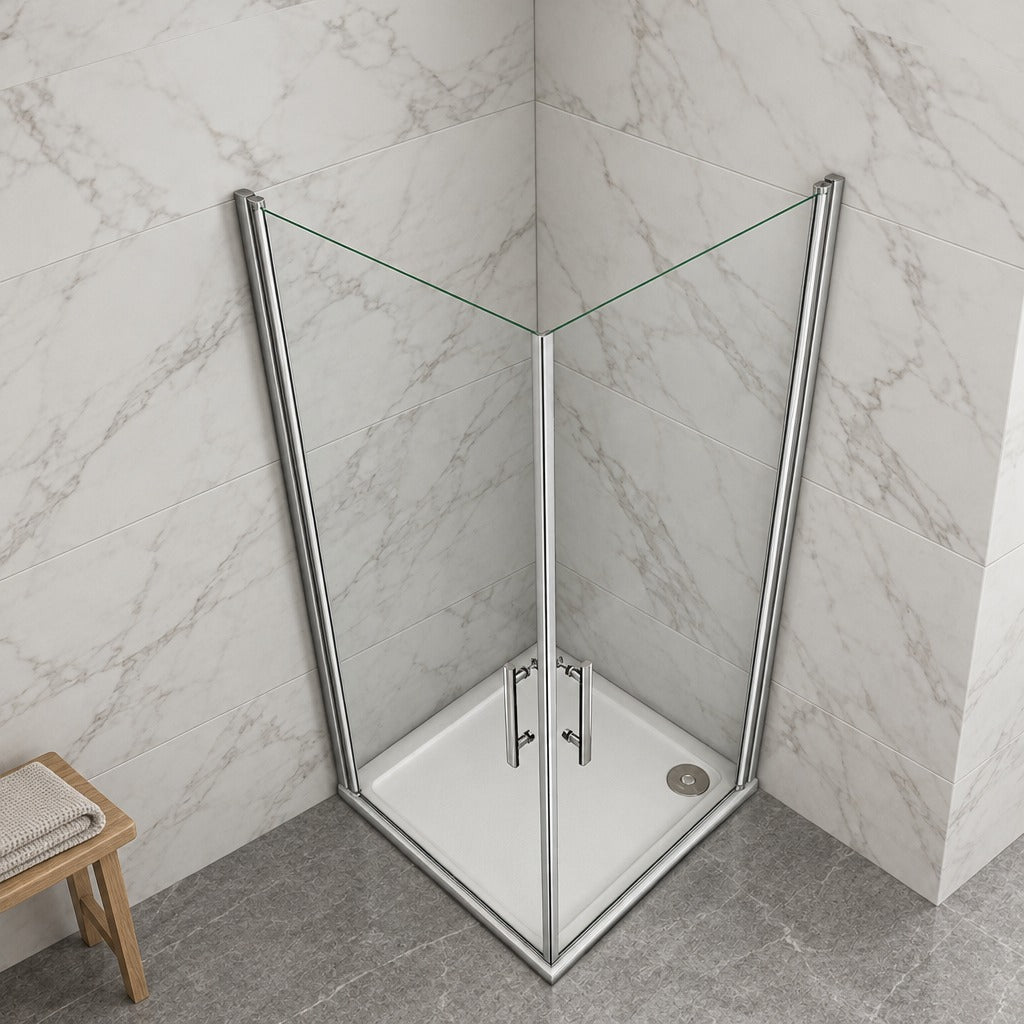 Cabine de douche à 2 portes pivotantes accès d'angle – en situation dans une salle de bain