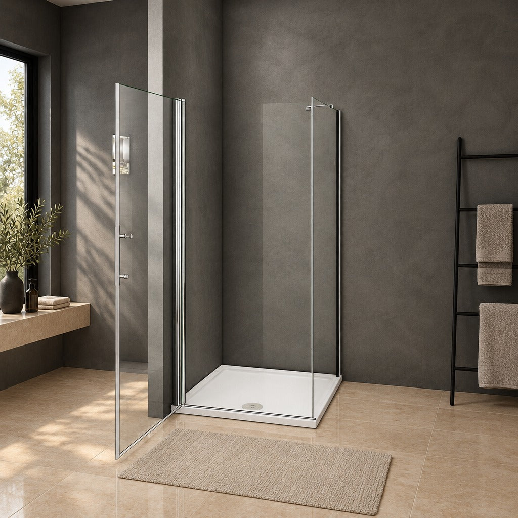 Cabine de douche pivotante accès d'angle – en situation dans une salle de bain