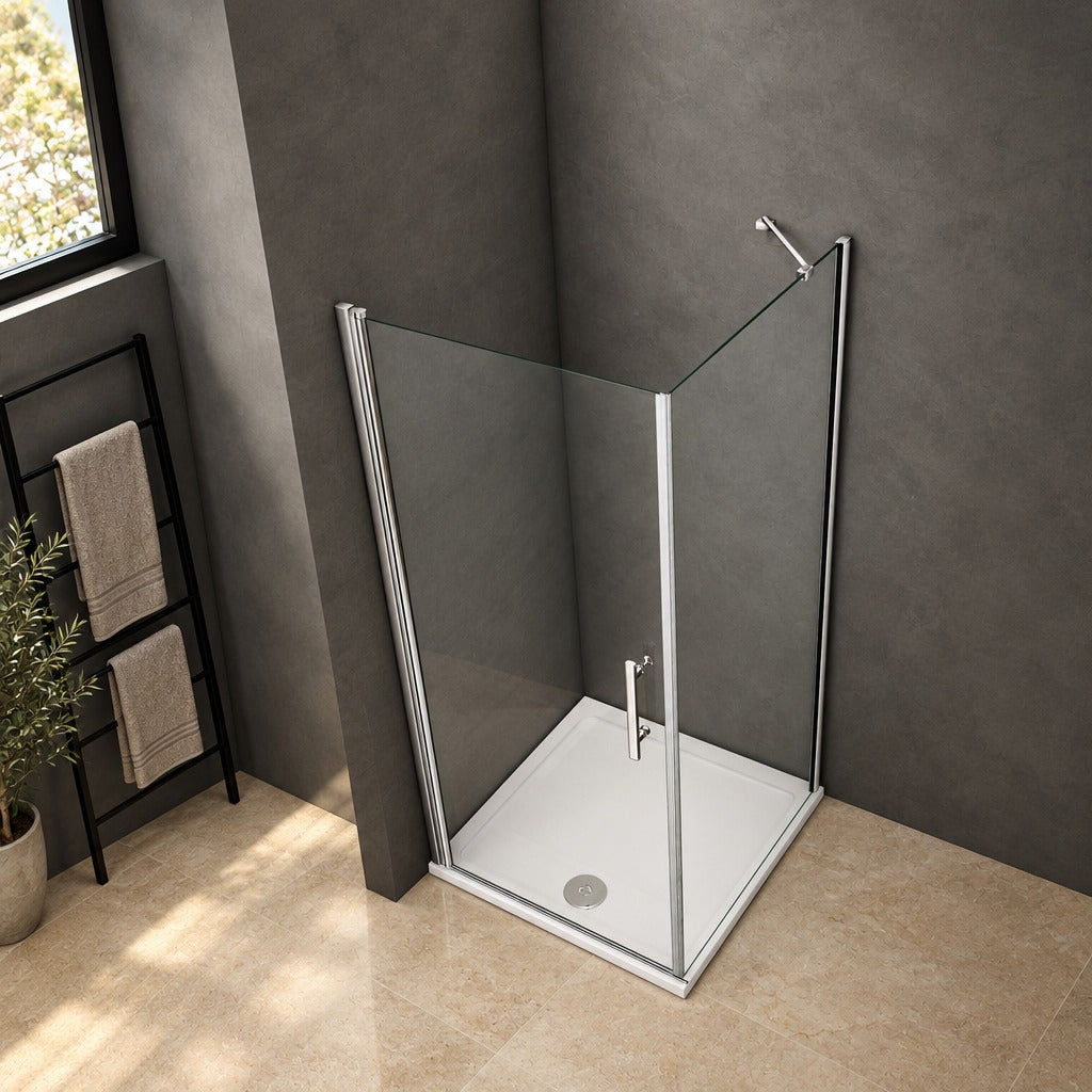 Cabine de douche pivotante accès d'angle – en situation dans une salle de bain