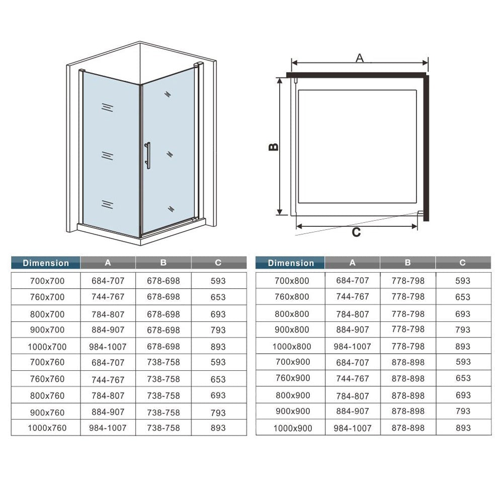 Cabine de douche pivotante accès d'angle – schéma et dimensions