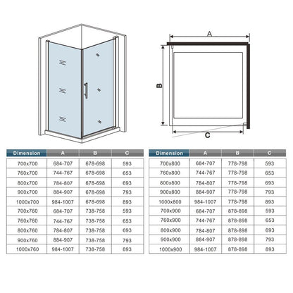 Cabine de douche pivotante accès d'angle – schéma et dimensions