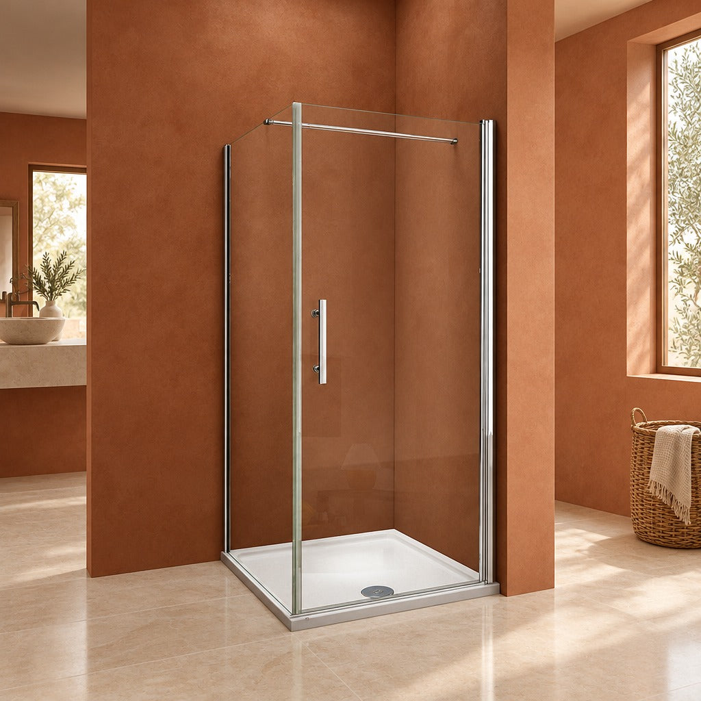 Cabine de douche pivotante accès d'angle – en situation dans une salle de bain