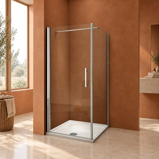 Cabine de douche pivotante accès d'angle – en situation dans une salle de bain