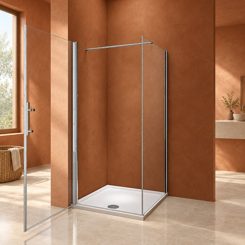 Cabine de douche pivotante accès d'angle – en situation dans une salle de bain