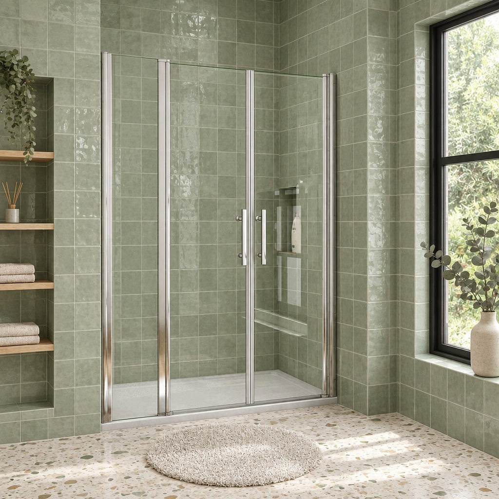 Porte de douche battante avec élément fixe – en situation dans une salle de bain