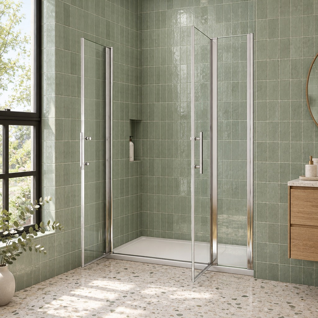 Porte de douche battante avec élément fixe – en situation dans une salle de bain