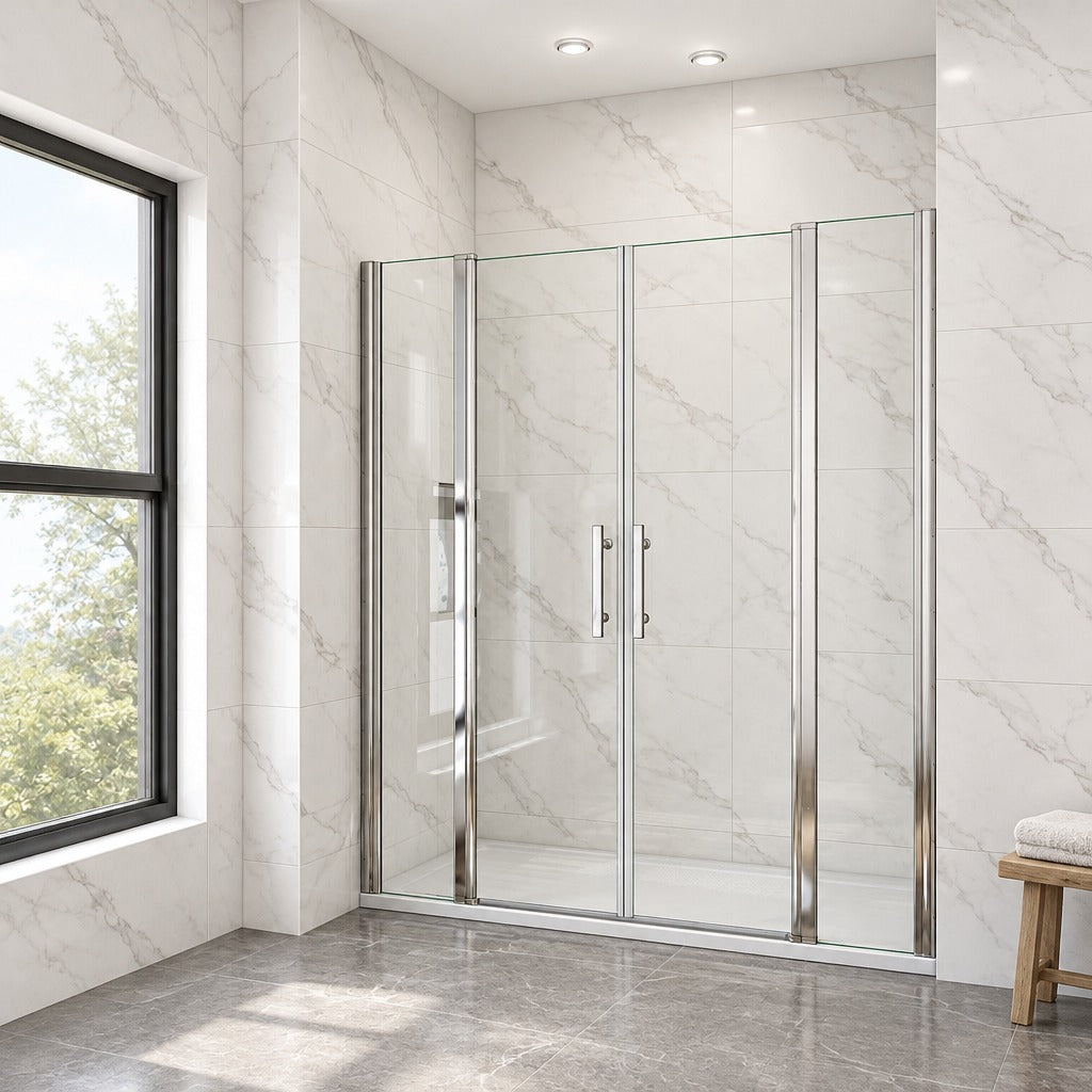 Porte de douche battante avec 2 éléments fixes – en situation dans une salle de bain