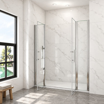 Porte de douche battante avec 2 éléments fixes – en situation dans une salle de bain