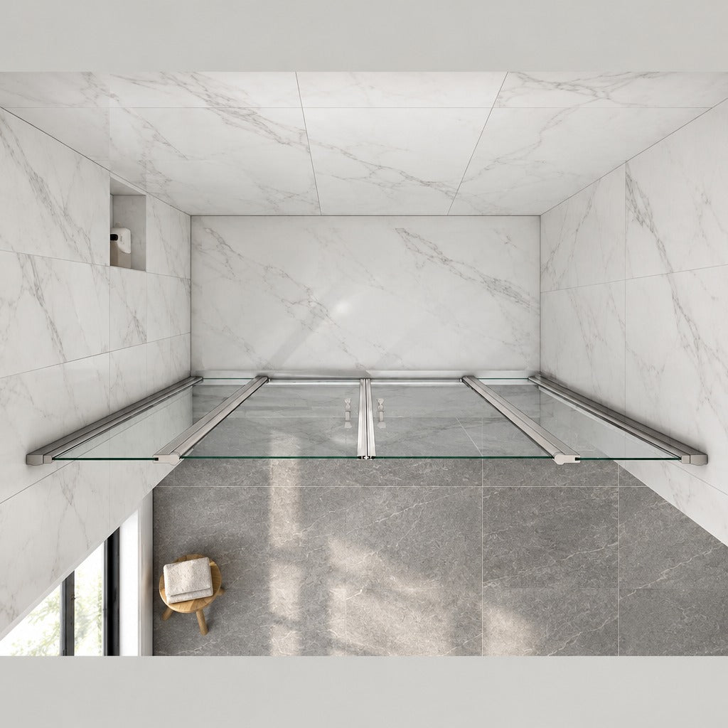 Porte de douche battante avec 2 éléments fixes – en situation dans une salle de bain