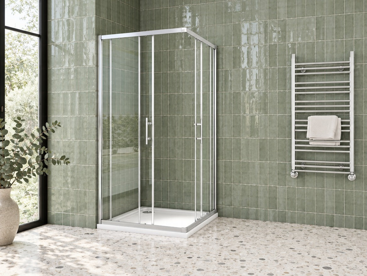 Cabine de douche coulissante accès d'angle – en situation dans une salle de bain