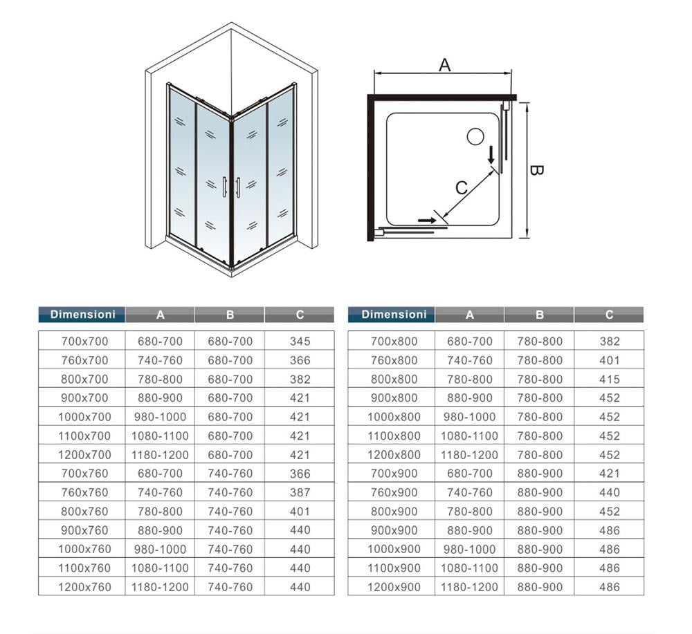 Cabine de douche coulissante accès d'angle – schéma et dimensions