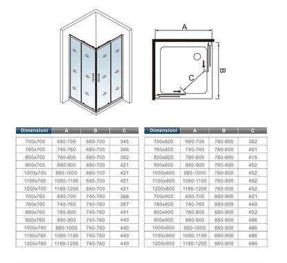 Cabine de douche coulissante accès d'angle – schéma et dimensions