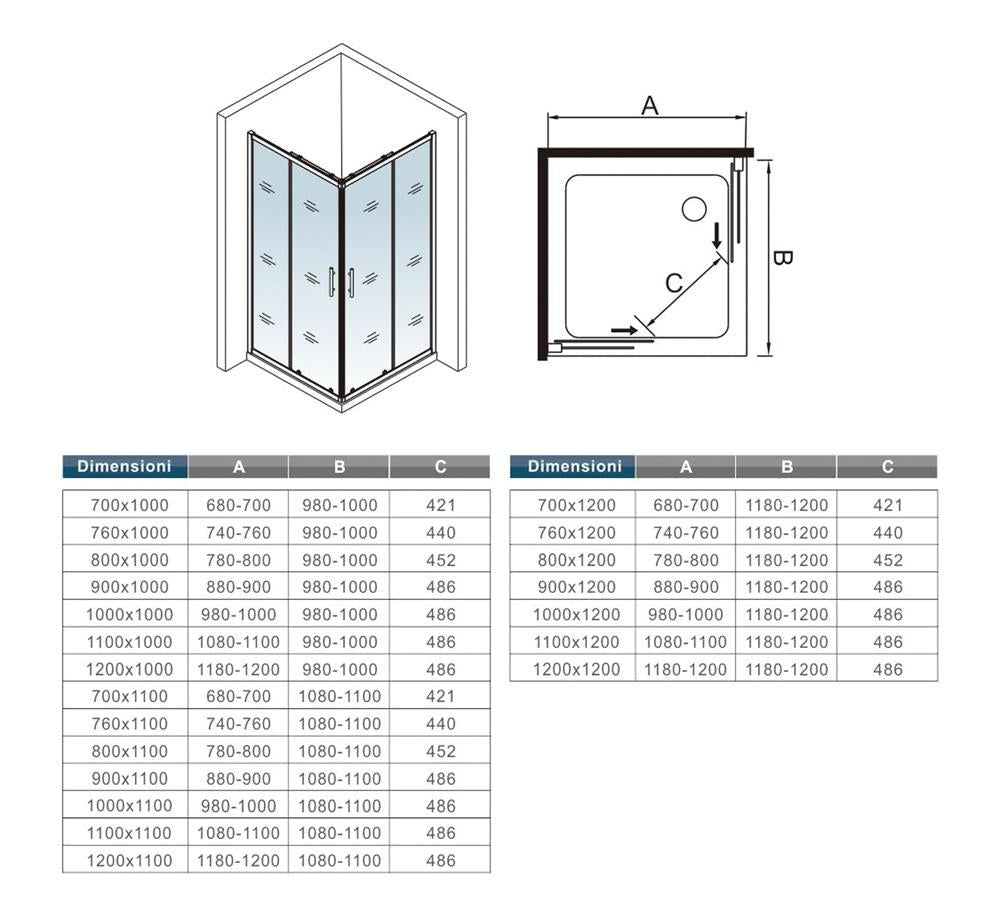 Cabine de douche coulissante accès d'angle – schéma et dimensions