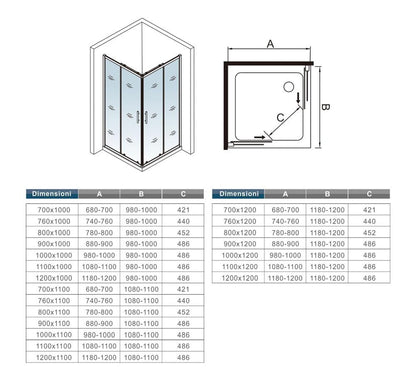Cabine de douche coulissante accès d'angle – schéma et dimensions
