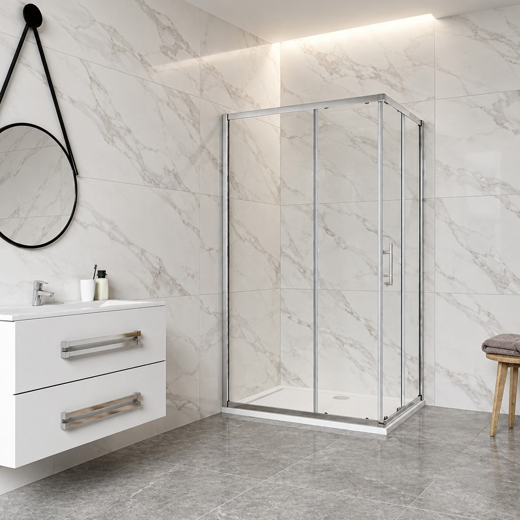 Cabine de douche coulissante accès d'angle – en situation dans une salle de bain
