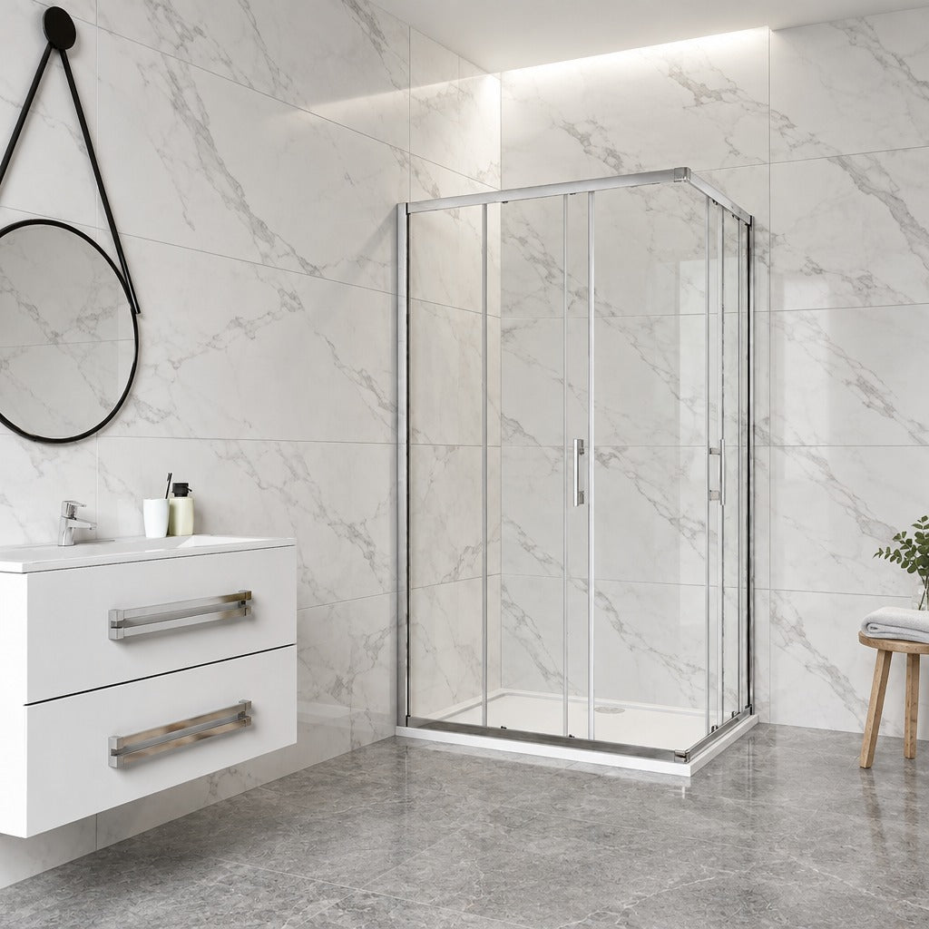 Cabine de douche coulissante accès d'angle – en situation dans une salle de bain