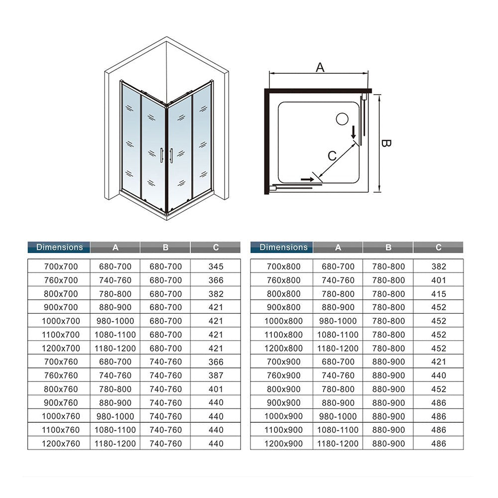 Cabine de douche coulissante accès d'angle – schéma et dimensions