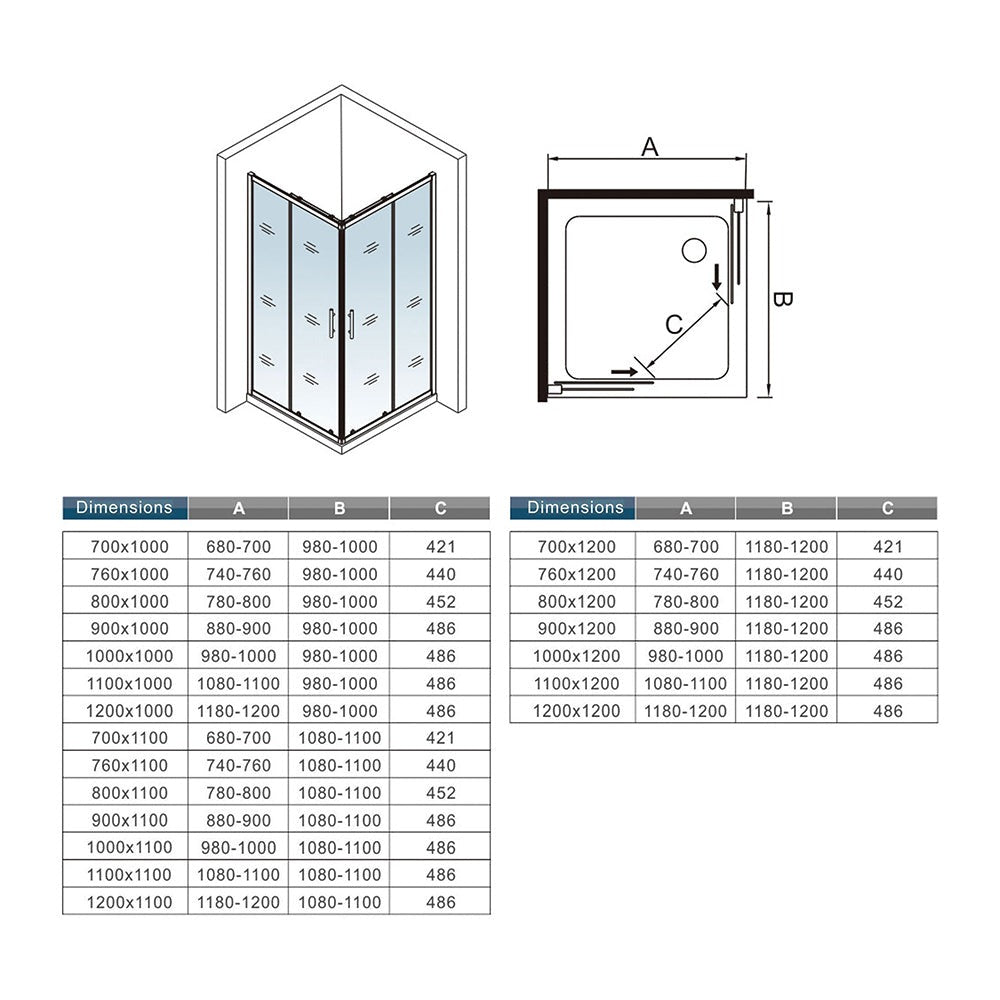 Cabine de douche coulissante accès d'angle – schéma et dimensions