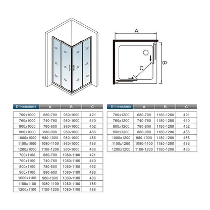 Cabine de douche coulissante accès d'angle – schéma et dimensions