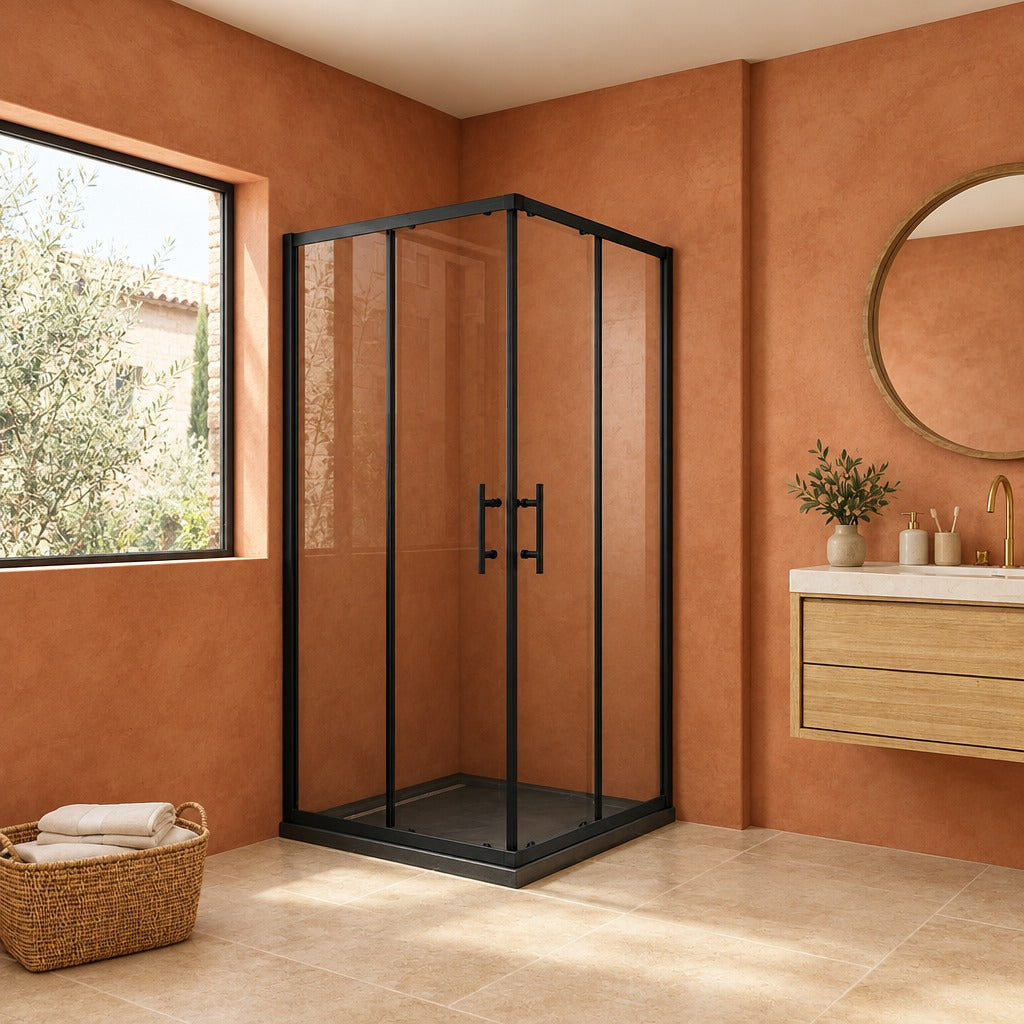 Cabine de douche coulissante accès d'angle – en situation dans une salle de bain