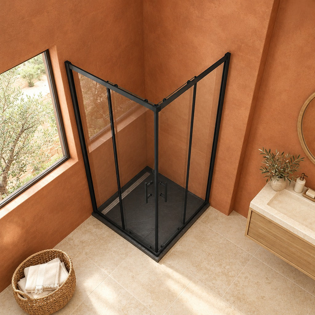 Cabine de douche coulissante accès d'angle – en situation dans une salle de bain