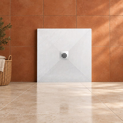 Receveur de douche extra-plat blanc effet pierre antidérapant C3 avec – en situation dans une salle de bain