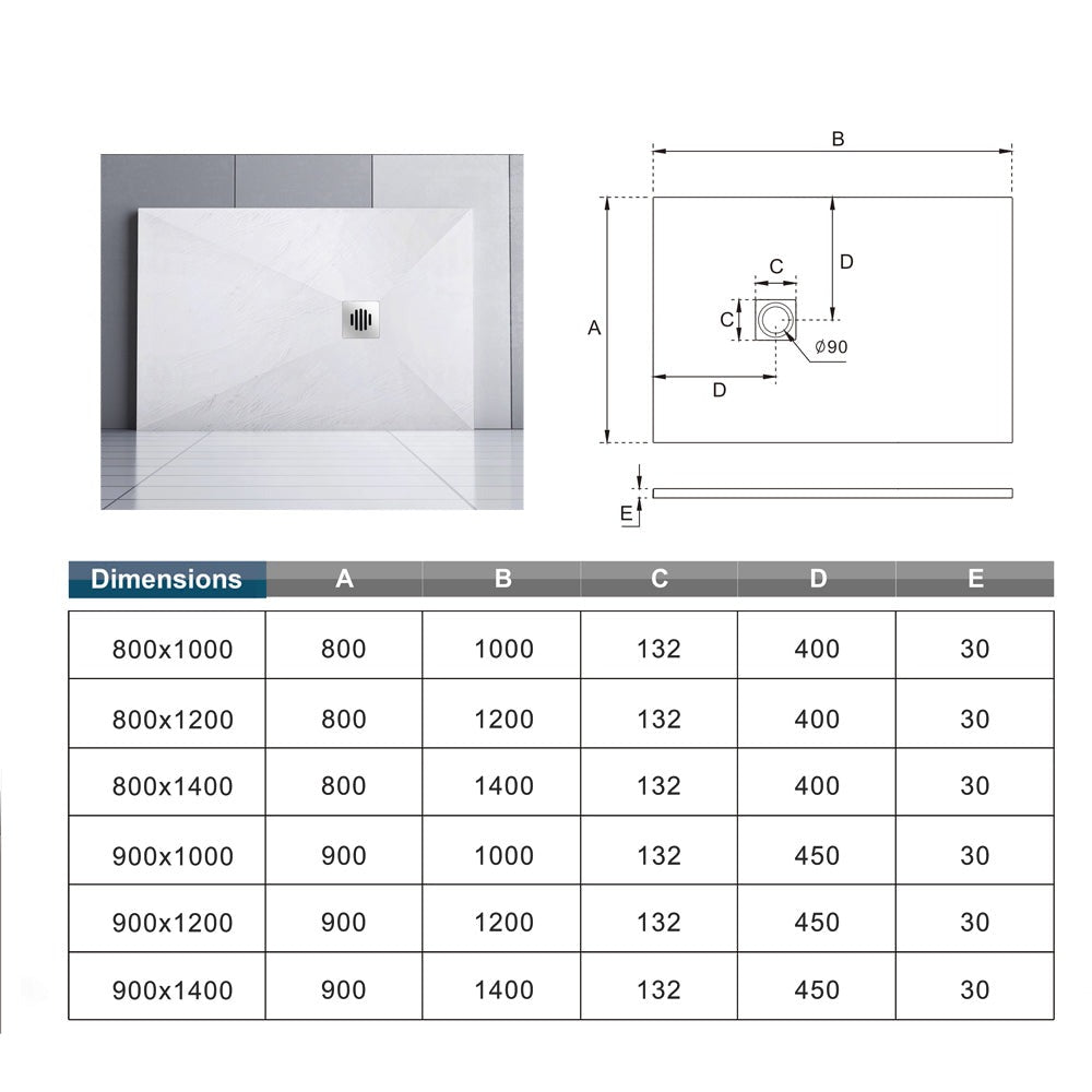 Receveur de douche extra-plat blanc effet pierre antidérapant C3 avec – schéma et dimensions