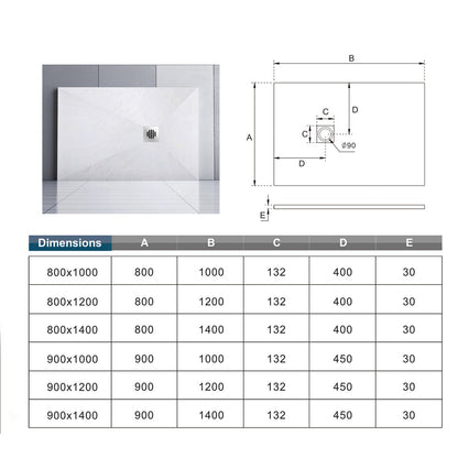 Receveur de douche extra-plat blanc effet pierre antidérapant C3 avec – schéma et dimensions