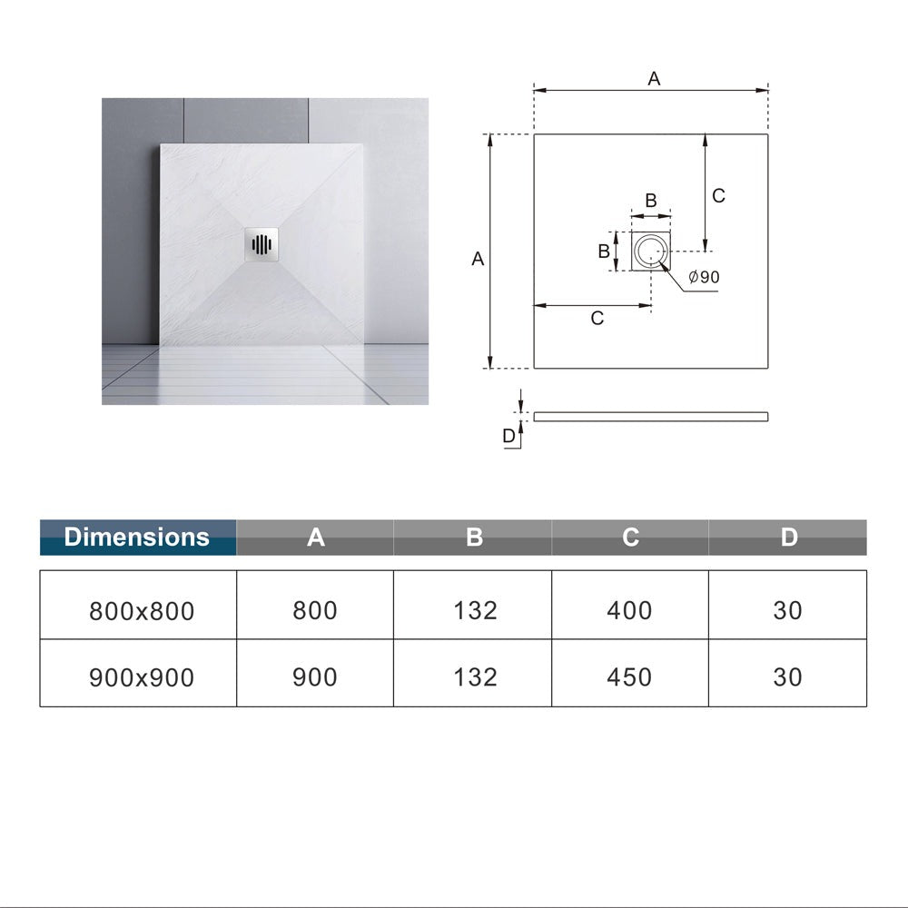 Receveur de douche extra-plat blanc effet pierre antidérapant C3 avec – schéma et dimensions