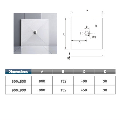 Receveur de douche extra-plat blanc effet pierre antidérapant C3 avec – schéma et dimensions
