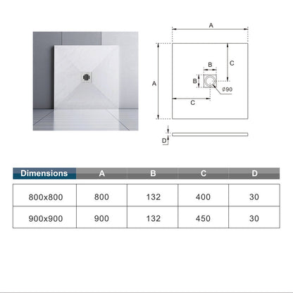 Receveur de douche extra-plat blanc effet pierre antidérapant C3 avec – schéma et dimensions