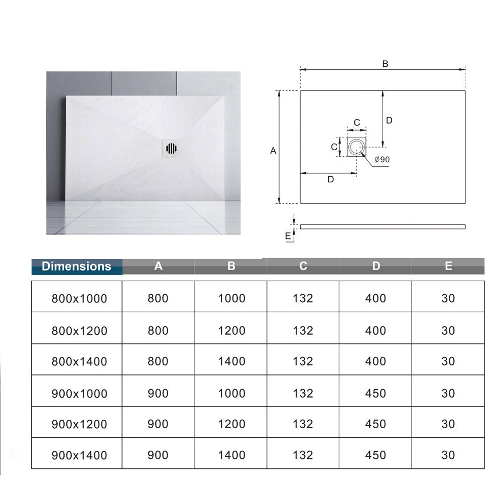 Receveur de douche extra-plat blanc effet pierre antidérapant C3 avec – schéma et dimensions