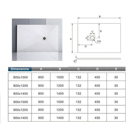 Receveur de douche extra-plat blanc effet pierre antidérapant C3 avec – schéma et dimensions