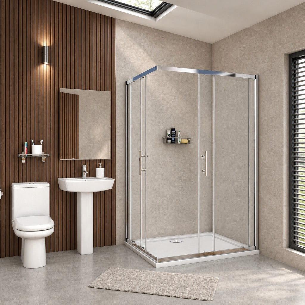 Cabine de douche coulissante accès d'angle – en situation dans une salle de bain