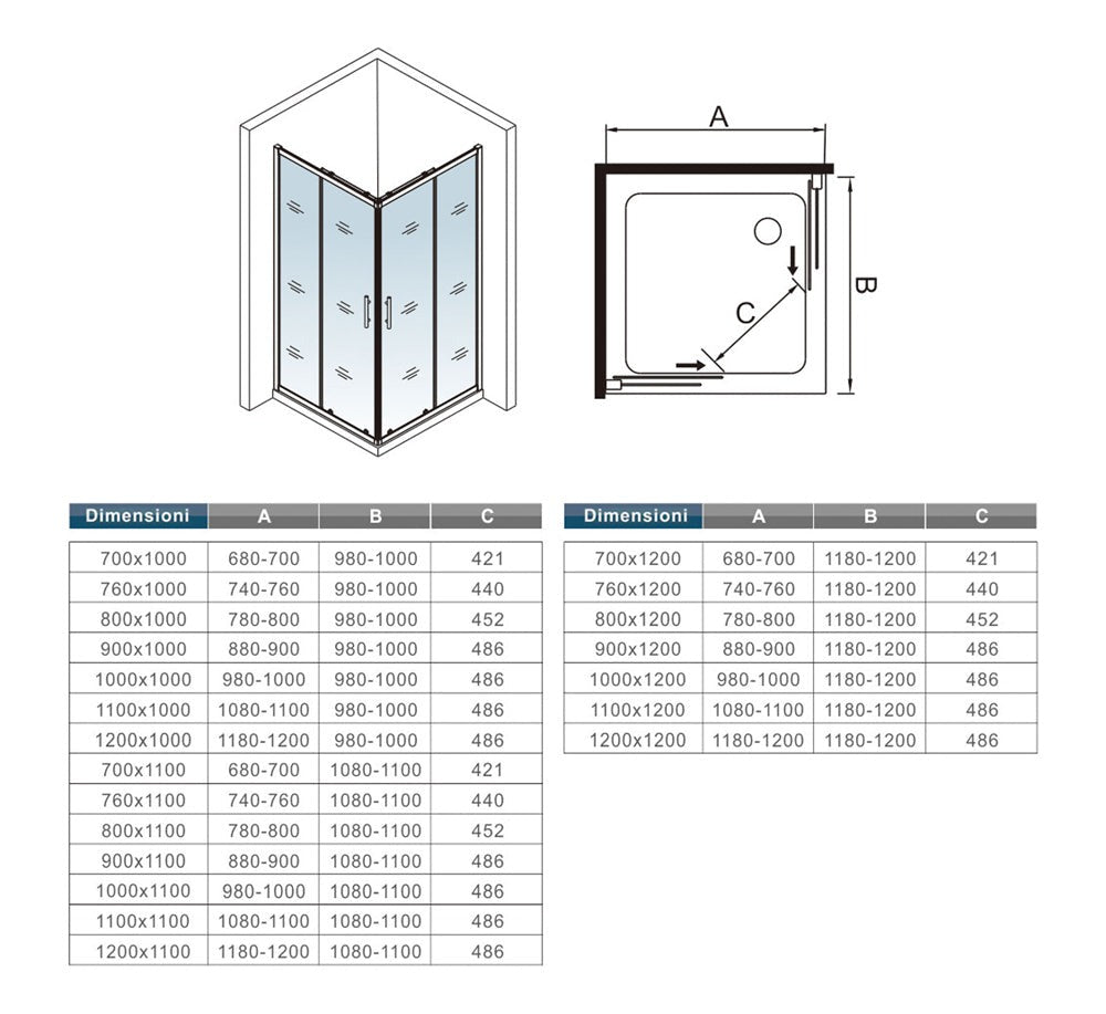 Cabine de douche coulissante accès d'angle – schéma et dimensions