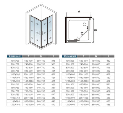 Cabine de douche coulissante accès d'angle – schéma et dimensions