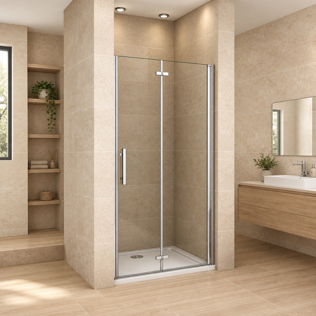 Porte de douche pivotante-pliante pour niche – en situation dans une salle de bain