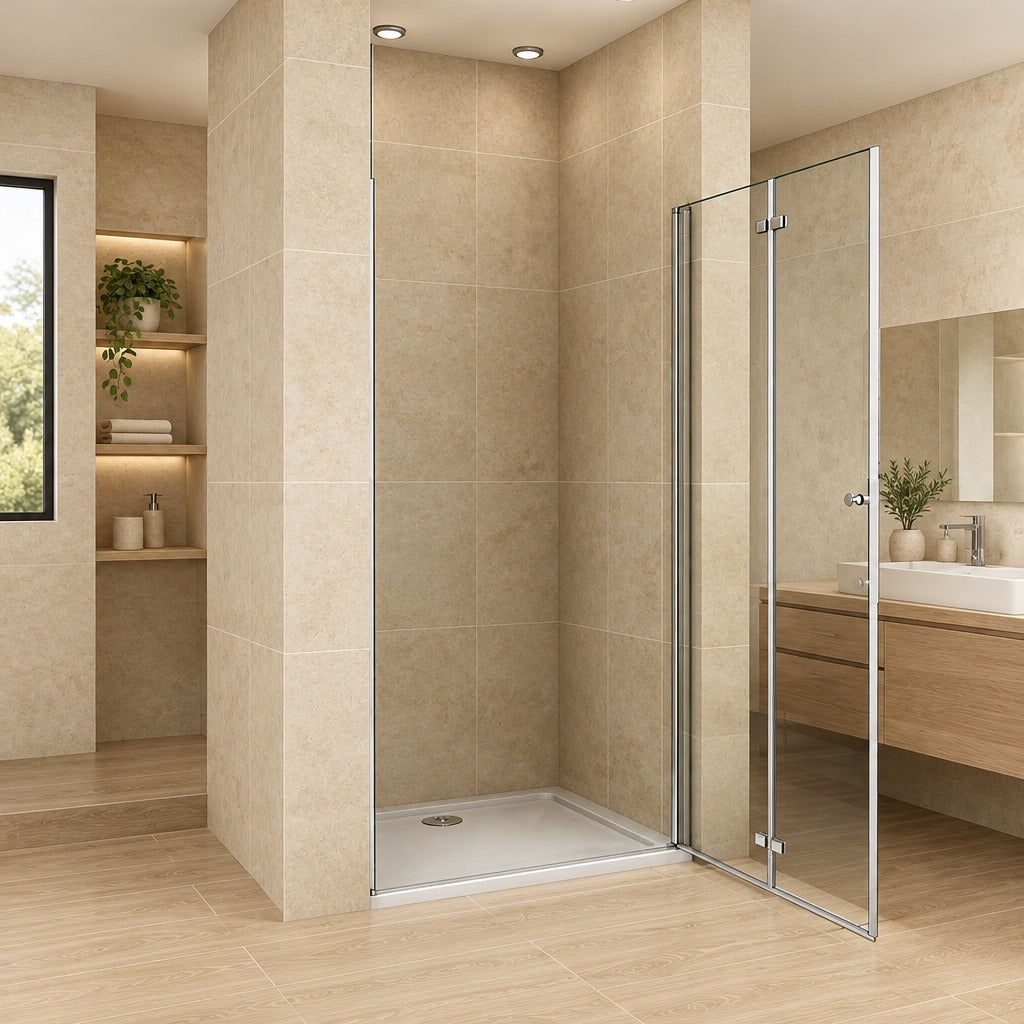 Porte de douche pivotante-pliante pour niche – en situation dans une salle de bain