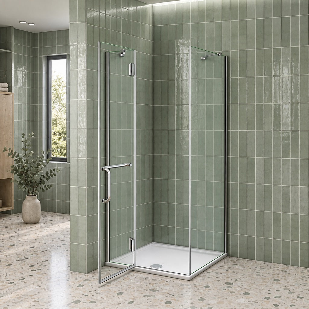 Cabine de douche pliante accès d'angle – en situation dans une salle de bain