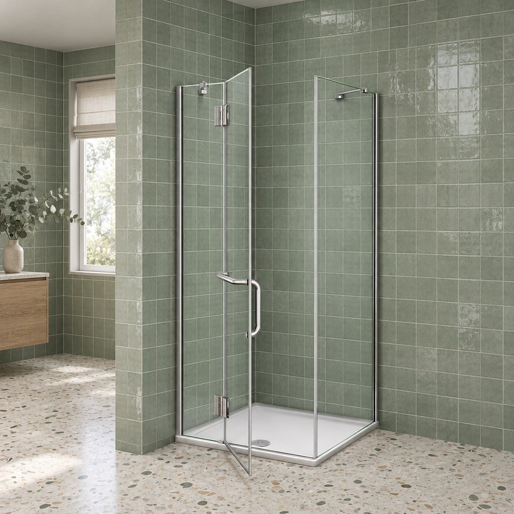 Cabine de douche pliante accès d'angle – en situation dans une salle de bain